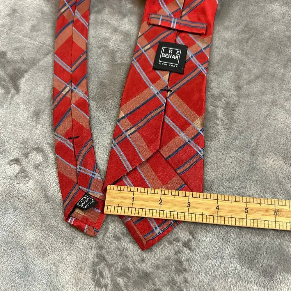 Ike Behar New York Silk Tie Red Tartan Plaid Blue